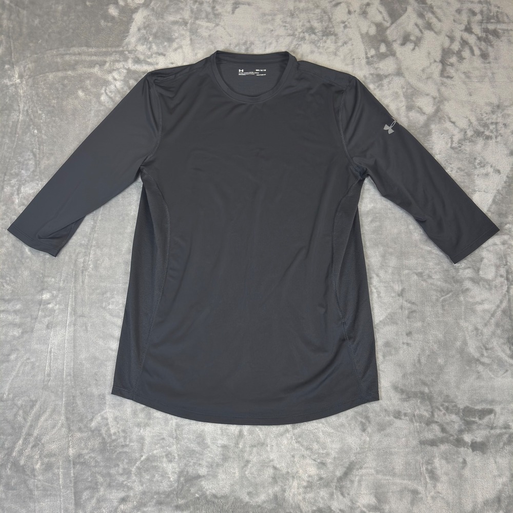 Under Armour HeatGear Shirt Mens Medium Black 3/4 Sleeve Fitted Athletic Gym Top